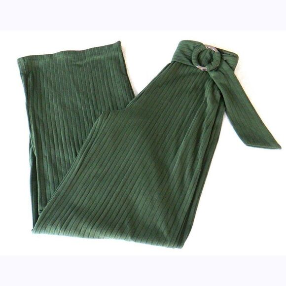 Green ribbed belted waist pants - Picture 1 of 3